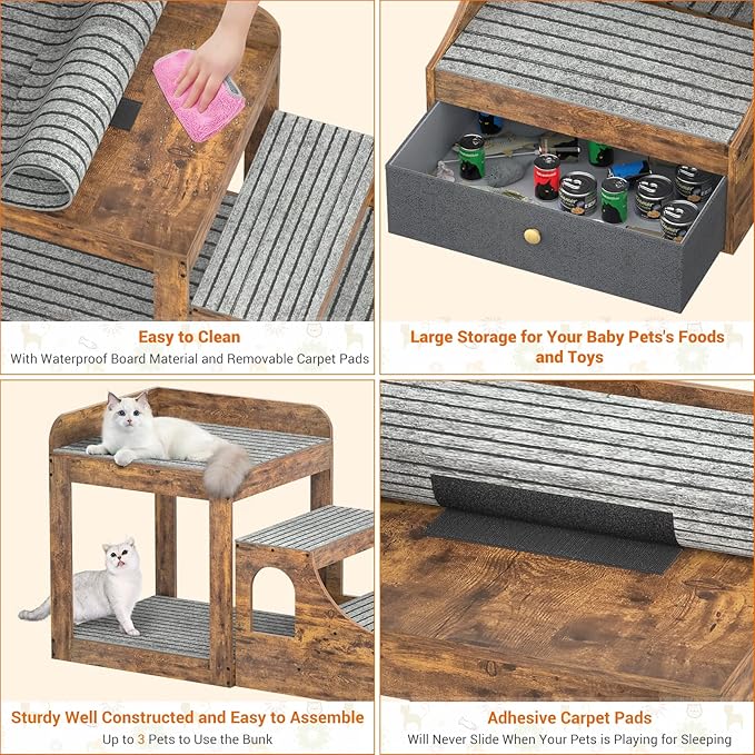Cyclysio Super Large Multi-Level Pet Bunk Bed with Stairs, Rustic Platform Seat for Cats, Home Indoor Use, Large Size, Includes Mats and Drawers