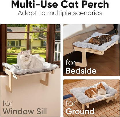 FUKUMARU Cat Window Perch, Transformable Cat Hammock with Fluffy Cushion for Windowsill and Floor, Cats Window Bed for Large Cats and Kittens, Reinforced Wood and Metal Frame, Easy to Adjust Pet Pech
