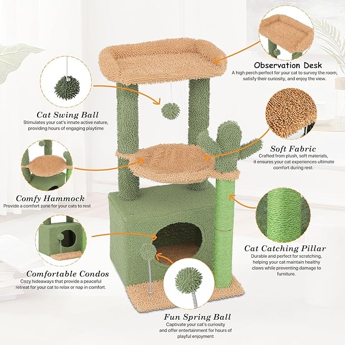 Athena Collection Small Cat Tree Tower with Scratching Post, 33.5 Inch Modern Cute Cat Tree Condo with Cozy Perch Hammock Hanging Ball for Kittens Indoor, Cactus Shade, Light Green