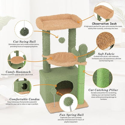 Athena Collection Small Cat Tree Tower with Scratching Post, 33.5 Inch Modern Cute Cat Tree Condo with Cozy Perch Hammock Hanging Ball for Kittens Indoor, Cactus Shade, Light Green