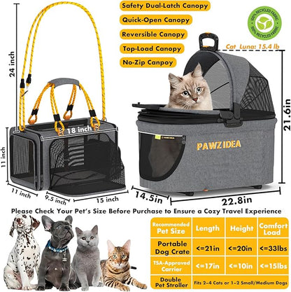 PAWZIDEA Double Pet Stroller with 2 Detachable Carriers, Portable Dog Crate for Car Travel & TSA-Approved Expandable Cat Carrier, Foldable Lightweight Jogger Stroller for 2–4 Cats or Small/Medium Dogs