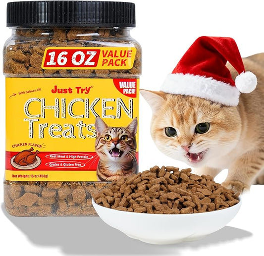 Just Try 16 OZ Chicken Cat Treats with Taurine for Indoor Cats, High Protein Low-Calorie Cat Snacks, Healthy Crunchy Treats, Grain-Free Health Biscuit and Training Treats