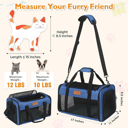 PETUX TSA Approved Pet Carrier in Cabin - 17"x11"x9.5", Underseat, Soft Sided Cat Carriers with Safety Zippers and Anti-Scratch Mesh for Small Cat up to 12 lb, Ideal for Travel and Vet Visit, Blue