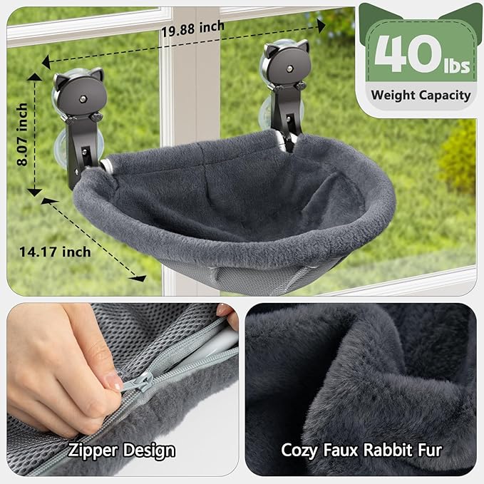 Cat Window Perch Cordless, Foldable & Stable Cat Beds- Breathable Cat Window Hammock for Overlooking, Sunbathing and Climbing - Maximum Hold Up to 40lb