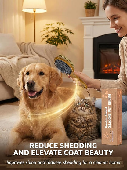 TAKAVU Short Hair Dog & Cat Deshedding Brush - Double Sided Grooming Tool with Silicone Massage & Bristle Sides - Removes Loose Fur & Dirt - Wood Handle