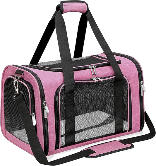 Soft-Sided Cat/Dog/Pet Carrier, Collapsible Pets Travel Carriers for Big Cats/Small Dogs with Shoulder Strap & Removable Mat, Mesh Puppy Carry Bag, Up to 16 Lbs, TSA Airline Approved (Pink)