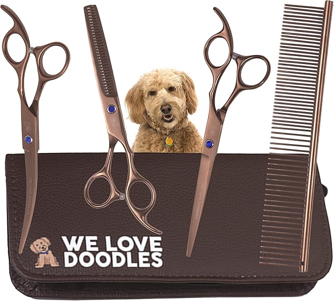 Dog Grooming Scissors Kit - Best Tools for Goldendoodles, Poodles & Doodles - Straight, Curved & Thinning Shears - Golden Doodle Grooming Kit - Professional Grade Steel, 4 Pc Set [We Love Doodles]