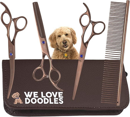 Dog Grooming Scissors Kit - Best Tools for Goldendoodles, Poodles & Doodles - Straight, Curved & Thinning Shears - Golden Doodle Grooming Kit - Professional Grade Steel, 4 Pc Set [We Love Doodles]