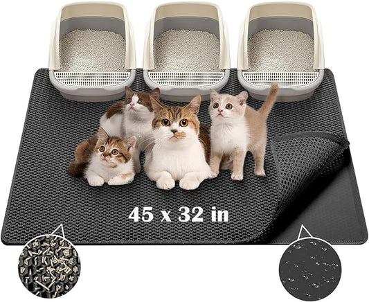Cat Litter Mat - Extra Large XL 45"x32" Cat Litter Trapping Mat,Honeycomb Double Layer Traps Litter,Washable & Urine Proof,Non-Toxic,Soft EVA Litter Box Mat for Multi-Cat Homes(Black)