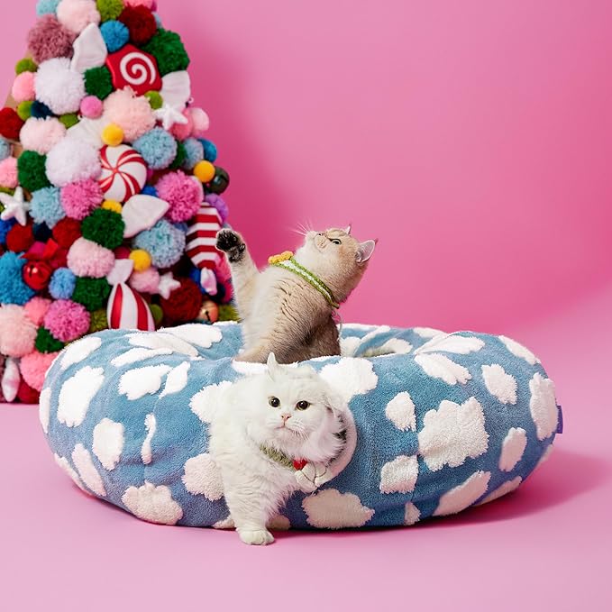 Lesure Cat Tunnel Bed for Indoor Cats - Cute Cat Donut Tunnel Toys for Small Large Cats with Washable Circle Cushion, Round Pet Peekaboo Cave Toy for Kitten/Puppy/Rabbit, Standard Cozy Clouds Blue