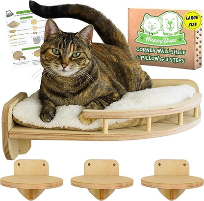 Large Cat Wall Shelves w/Pillow + 3 Steps for Large Size Cats, Orthopedic Design with Premium Hardwood, Modern and Durable Shelves for Climbing, Cat Shelf Wall Steps Tree Perch