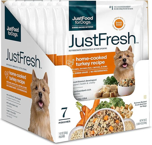 JustFoodForDogs JustFresh Wet Dog Food, Fresh Pet Meals and Toppers with No Preservatives, Resealable Package, Human Grade, Home-Cooked Turkey, 12 oz - 7 Pack