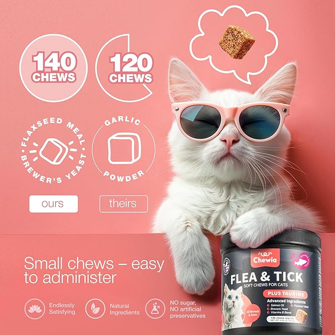 Flea Treatment for Cats - Daily Oral Cat Flea and Tick Chews - Chewable Tick Treatment Supplement for Kittens - Skin & Coat, Digestive Health Supplement - Alternative to Collars, Combs, Shampoos