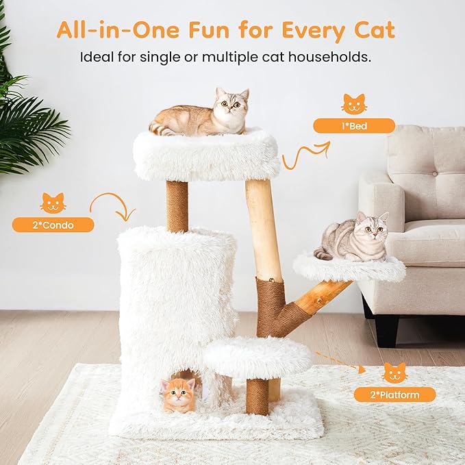 35-Inch Multi-Level Cat Tree with Durable Sisal-Wrapped Posts, Dual Enclosed Condos, Cushioned Perches, and Removable Plush Cover,White