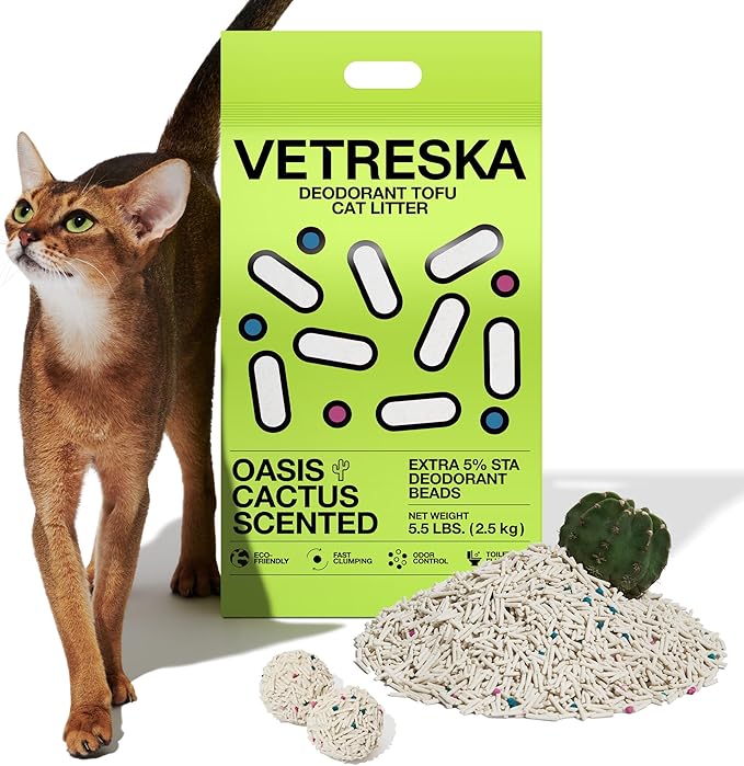 Vetreska Tofu Cat Litter - Strong Clumping, Dust Free, Low Tracking, Flushable, Water Absorbent - Cactus (5.5lb x 1bag)