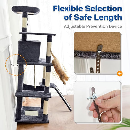 ABCPET Cat Tree Tower 63in Multi-Level Cat Tower for Indoor Cats with Sisal Scratching Posts, Condo, Hammock, Dangling Ball and Extended Platform for Cats to Play, Beige