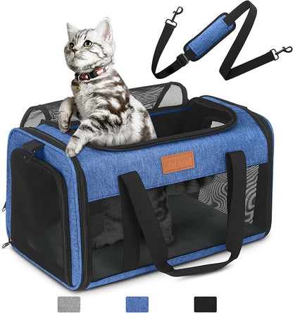 PETUX TSA Approved Pet Carrier in Cabin - 17"x11"x9.5", Underseat, Soft Sided Cat Carriers with Safety Zippers and Anti-Scratch Mesh for Small Cat up to 12 lb, Ideal for Travel and Vet Visit, Blue