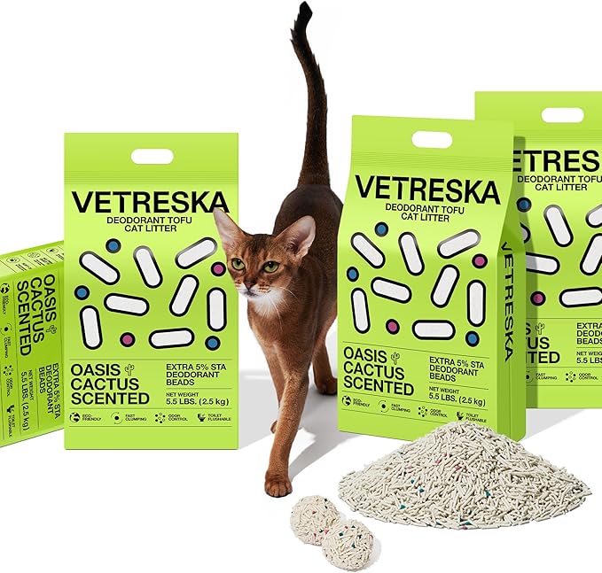 Vetreska Tofu Cat Litter - Strong Clumping, Dust Free, Low Tracking, Flushable, Water Absorbent - Cactus (5.5lb x 1bag)