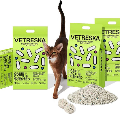 Vetreska Tofu Cat Litter - Strong Clumping, Dust Free, Low Tracking, Flushable, Water Absorbent - Cactus (5.5lb x 1bag)