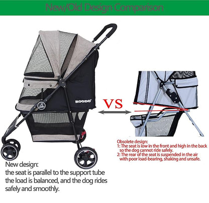 ROODO 3 Wheel Dog Pet Cat Stroller Best Lightweight Foldable Compact Portable Jogger All Terrain Travel Pet Gear Puppy Kitty Stroller for up to 30lbs Medium Small Dogs and Cats(Light Khaki)