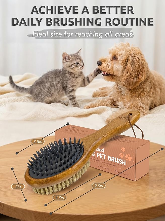 TAKAVU Short Hair Dog & Cat Deshedding Brush - Double Sided Grooming Tool with Silicone Massage & Bristle Sides - Removes Loose Fur & Dirt - Wood Handle