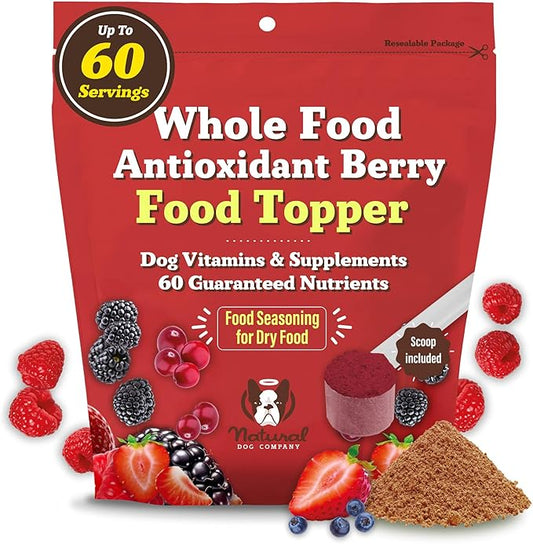 Natural Dog Company Dog Food Topper, Antioxidant Berry Vitamins & Superfood Meal Topper Supplement, Holistic Nutrition, Dog Food Seasoning, Immune Support, All Breeds, Ages, & Sizes of Dogs, 8oz Bag