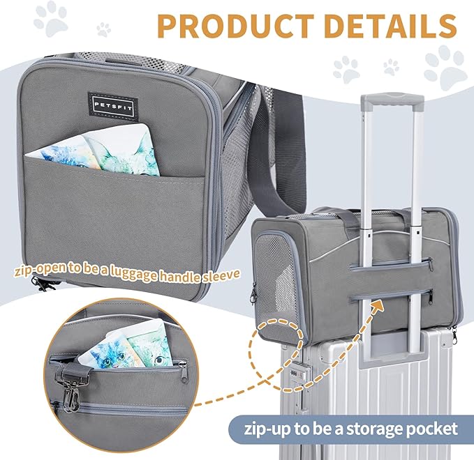 ‌Petsfit Airline Approved Pet Carrier for Small Cats, 15x8x10 TSA Approved Carrier, with Removable Dual-Sided Padding (2-Way Placement) - Fits Under Most Airplane Seats, Escape Proof (Grey)
