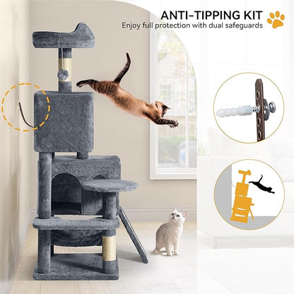 YITAHOME 54in Cat Tree Tower for Indoor Cats, Multi-Level Cat Climbing Tower with Sisal Scratching Post and Board, Cat Condos, Plush Top Perches, Hammock, Kittens Pet House Play, Dark Grey