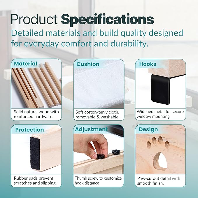 Cat Cuddles Adjustable Wooden Cat Window Perch - Sill-Mounted Cat Hammock Bed & Sturdy Window Seat for Large & Indoor Cats - Tool-Free Install, Washable Cushion