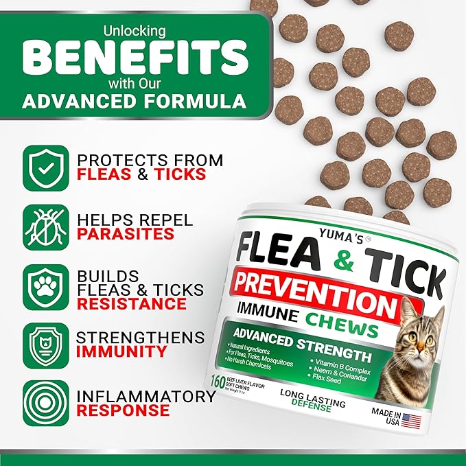 Flea Treatment for Cats - Flea and Tick Prevention for Cats - 160 Soft Treats - Natural Oral Supplement Pills for Kittens - All Breeds & Ages - Made in USA