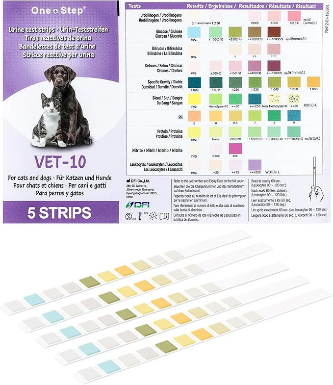 One Step Pet Urine Testing Strips, 5 x Urinalysis 10 Parameter Tests, Re-sealable Foil Pouch, Urine pH Test Strips for Dogs, Cats, Accurate Testing for UTI, Bladder & More, Pet Glucose Monitoring Kit