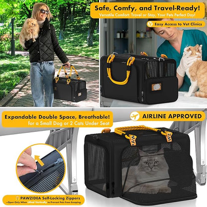 PAWZIDEA Double Pet Stroller with 2 Detachable Carriers, Portable Dog Crate for Car Travel & TSA-Approved Expandable Cat Carrier, Foldable Lightweight Jogger Stroller for 2–4 Cats or Small/Medium Dogs