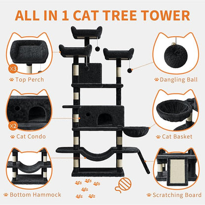 68.5 Inch Tall Cat Tree Tower, Heavy Duty Multi-Level Cat Tower with Scratching Posts, Condo, Plush Perches, Hammocks, Basket & Dangling Balls, Cat Furniture for Indoor Cats