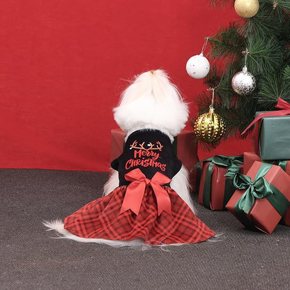 CuteBone Christmas Dog Dresses Velvet Holiday Small Dogs Clothes Onesie Pet Apparel Girl Puppy Skirt with Bow Hair Rope CVA59M-D