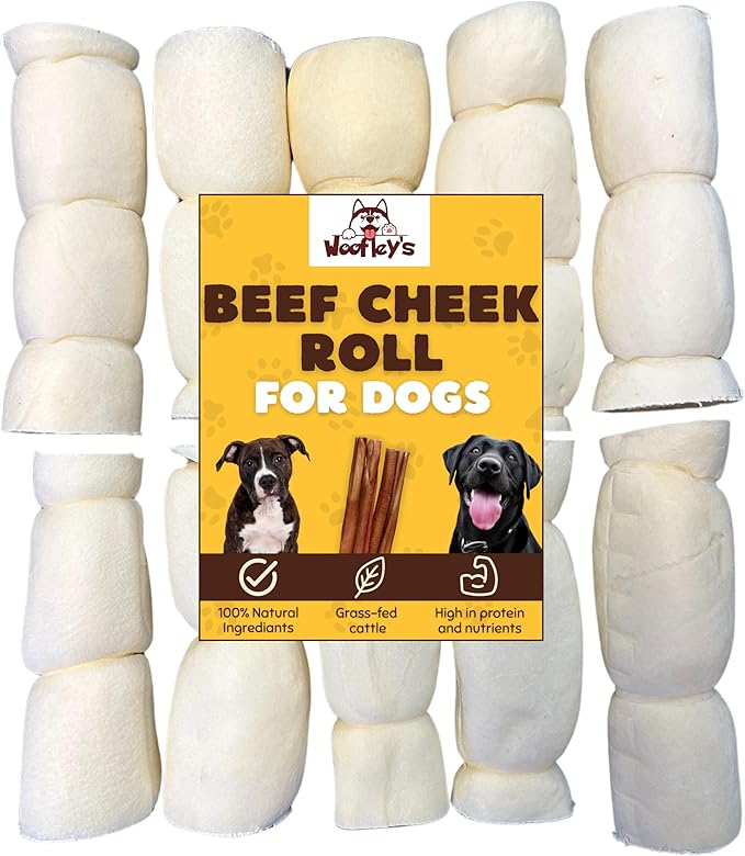 Woofley's 5-6" Buffalo Beef Cheek Roll -(10 Count)- Beef Cheek Rolls for Dogs - Long Lasting Natural Dog Chews