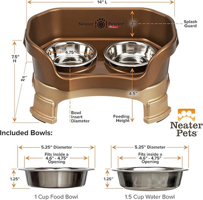 Neater Feeder Deluxe Mess Proof Cat Bowls Elevated for All Breeds – Made in USA – No Spill Raised Cat Bowls for Indoor Cats w/Leg Extensions – Stainless Steel Cat Food and Water Bowl Set - Bronze