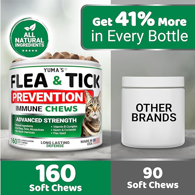 Flea Treatment for Cats - Flea and Tick Prevention for Cats - 160 Soft Treats - Natural Oral Supplement Pills for Kittens - All Breeds & Ages - Made in USA