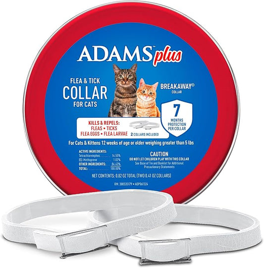 ADAMS Plus Flea & Tick Collar for Cats, Breakaway Collar, 2pk, 14 Months Protection, Kills & Repels Fleas, Flea Eggs, Flea Larvae and Kills Ticks, Nymphs, and Tick Larvae, White