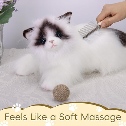 Double Row Pet Comb with Wooden Handle, Metal Pin Undercoat Rake for Dogs & Cats, Grooming Tool for Detangling, Deshedding & Massage