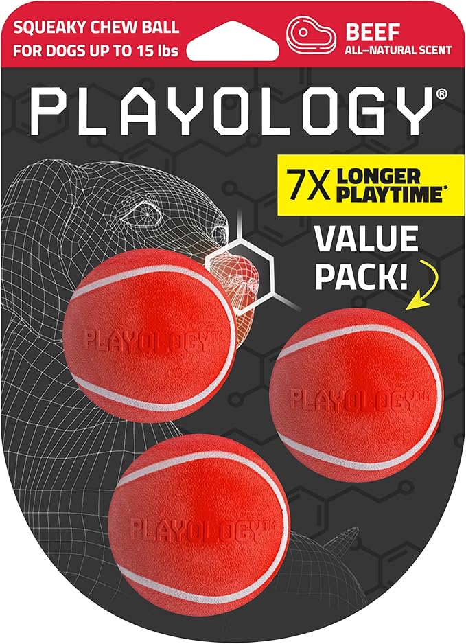 Playology Dog Toys | Squeaky Chew Ball - Bouncy Durable Floating Fetch Ball for Dogs, Value 3-Pack | Small Beef Scented Toy - Easy to Clean and Made from Non Toxic Materials
