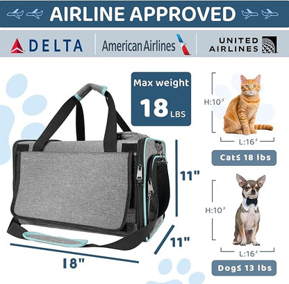 Airline Approved Pet Carrier Small Dog & Cats Under 15 lbs - 18x11x11 Inch Soft-Sided TSA Compliant Travel Bag for American, Delta & United Airlines Flight