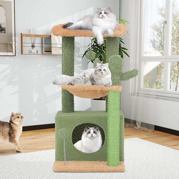 Athena Collection Small Cat Tree Tower with Scratching Post, 33.5 Inch Modern Cute Cat Tree Condo with Cozy Perch Hammock Hanging Ball for Kittens Indoor, Cactus Shade, Light Green
