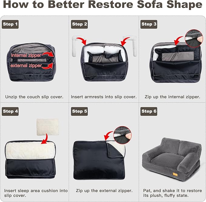 Plush Cat Couch Bed - Cat Bed for Indoor Cats, Dog Sofa Bed, Short Rabbit Fleece Calming Pet Couch with Removable Cover, Anti-Shedding Pet Sofa for Small/Medium Pets (26×18×12in, Dark Grey)