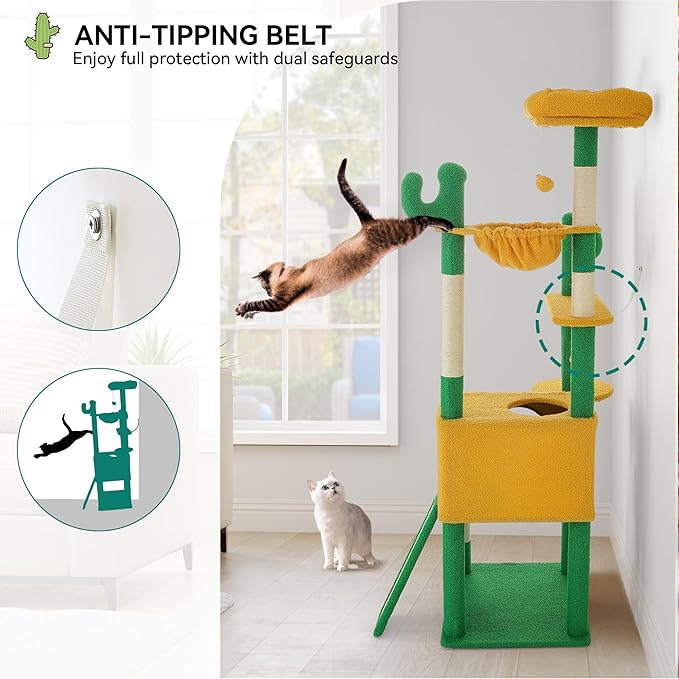YITAHOME Tall Cactus Cat Tree: 68 in Cats Tower Activity Center with Sisal Posts, Hanging Balls, Nest, Pet Climbing Furniture Ideal for Indoor Kittens, Green & Yellow