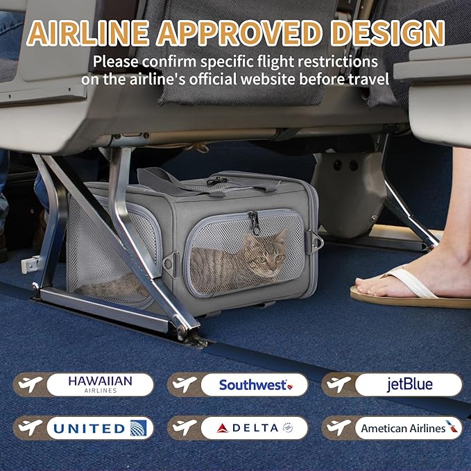 ‌Petsfit Airline Approved Pet Carrier for Small Cats, 15x8x10 TSA Approved Carrier, with Removable Dual-Sided Padding (2-Way Placement) - Fits Under Most Airplane Seats, Escape Proof (Grey)