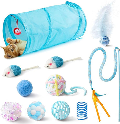 MALLMALL6 11Pc Cat Toy Set - Interactive Pack with Foldable Tunnel, Feather Teaser Wand, Springs, Mice, Crinkle Balls & Pet Bell Balls - Puzzle Toys for Indoor Cats - Gift (Blue)