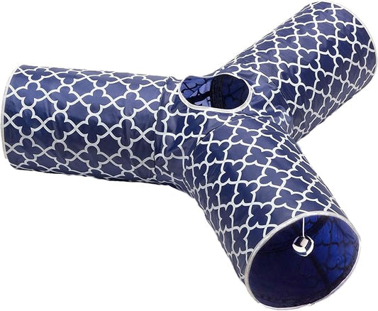 Cat Tunnel - Collapsible 3 Way Quatrefoil Play Toy - Tube Fun for Rabbits, Kittens, and Dogs - Quatrefoil Navy/White