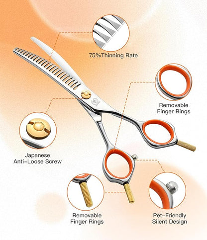 Fenice Peak 6" Small Curved Chunker Scissors, Japanese 440C Steel with Safety Round Tips, Lightweight Pet Grooming Shears for Professional Face, Paws & Body Contouring