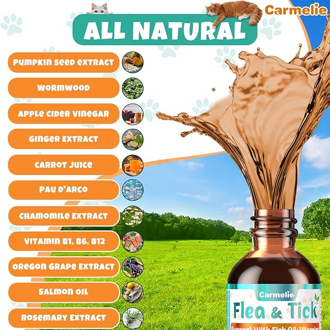 Flea and Tick Support for Cats, Natural Cat Flea Liquid Drops, Flea & Tick Supplement with Vitamins & Fish Oil for Cats - All Breeds, Kittens to Senior Cat - Chicken Flavor