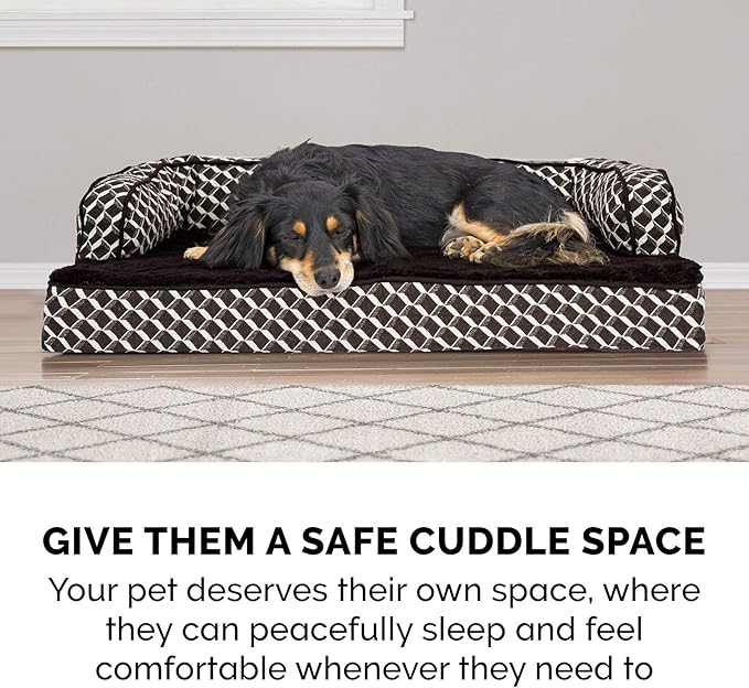 Furhaven Orthopedic Dog Bed for Large Dogs w/ Removable Bolsters & Washable Cover, For Dogs Up to 125 lbs - Plush & Woven Decor Comfy Couch Sofa - Diamond Brown, Jumbo Plus/XXL